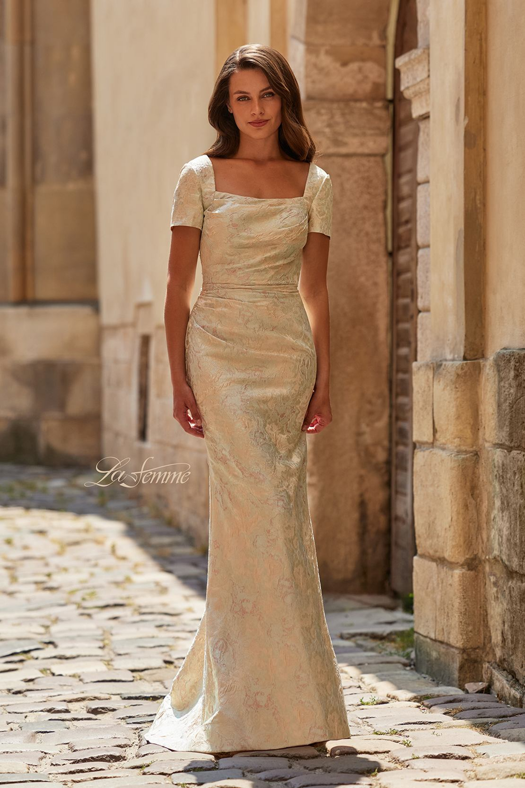 la femme gold dress Tight Strapless Long Prom Dress with Sheer Lace Sides Pale Yellow / 00