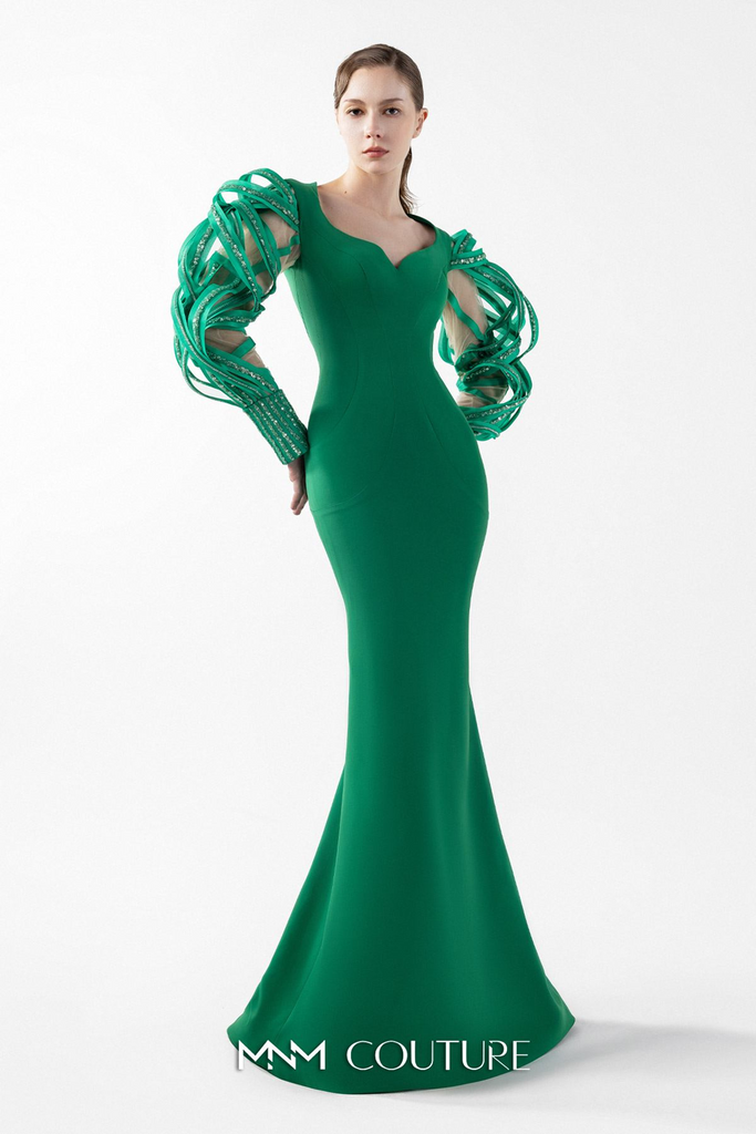 green m&m dress MNM Couture G2017 with Dramatic Train & Sleeves – Mydressline Christmas Sparkle Shop