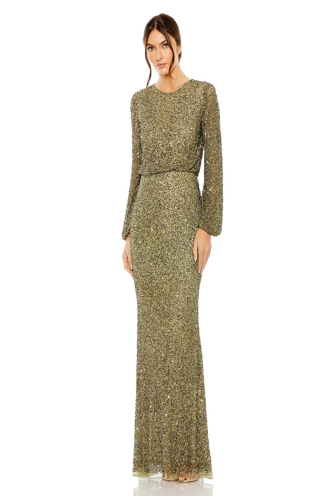 mac duggal olive green dress 10044: Luxurious Beaded Column – Mydressline neck Long sleeves Ruched light wash US Child Size:18M Simple Wedding Dress Boho