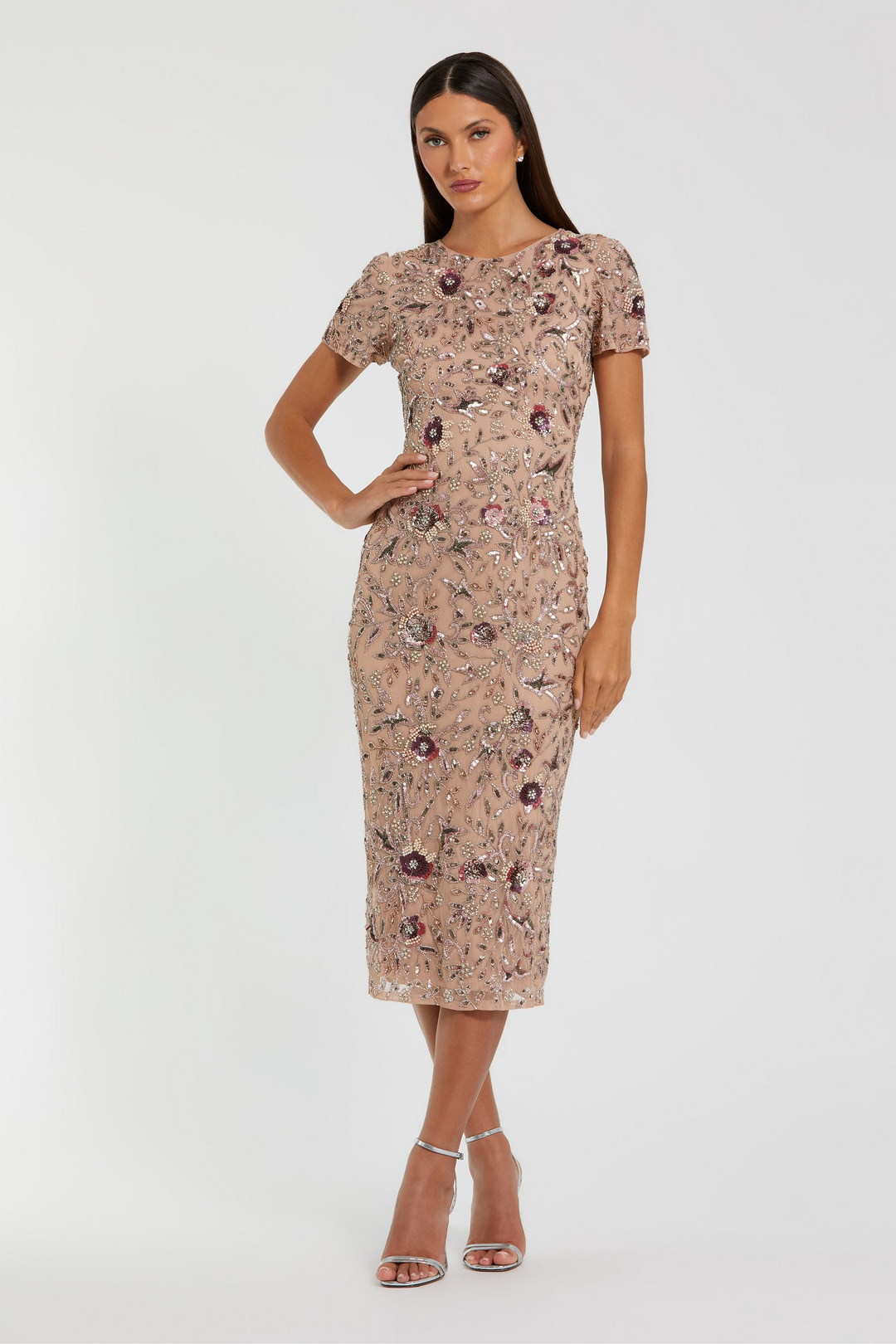 Mac Duggal Floral Embellished Mesh Short Sleeve Midi Dress Mocha Size 0 Mac Duggal Floral Embellished Mesh Short Sleeve Midi Dress Mocha Size 0