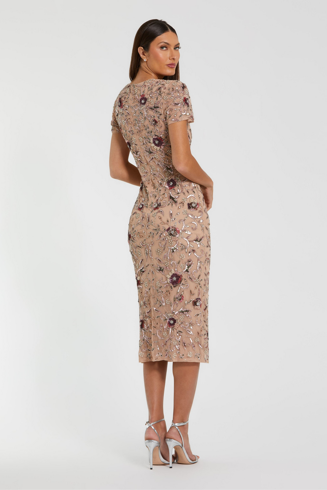 Mac Duggal Floral Embellished Mesh Short Sleeve Midi Dress Mocha Size 0 Mac Duggal Floral Embellished Mesh Short Sleeve Midi Dress Mocha Size 0