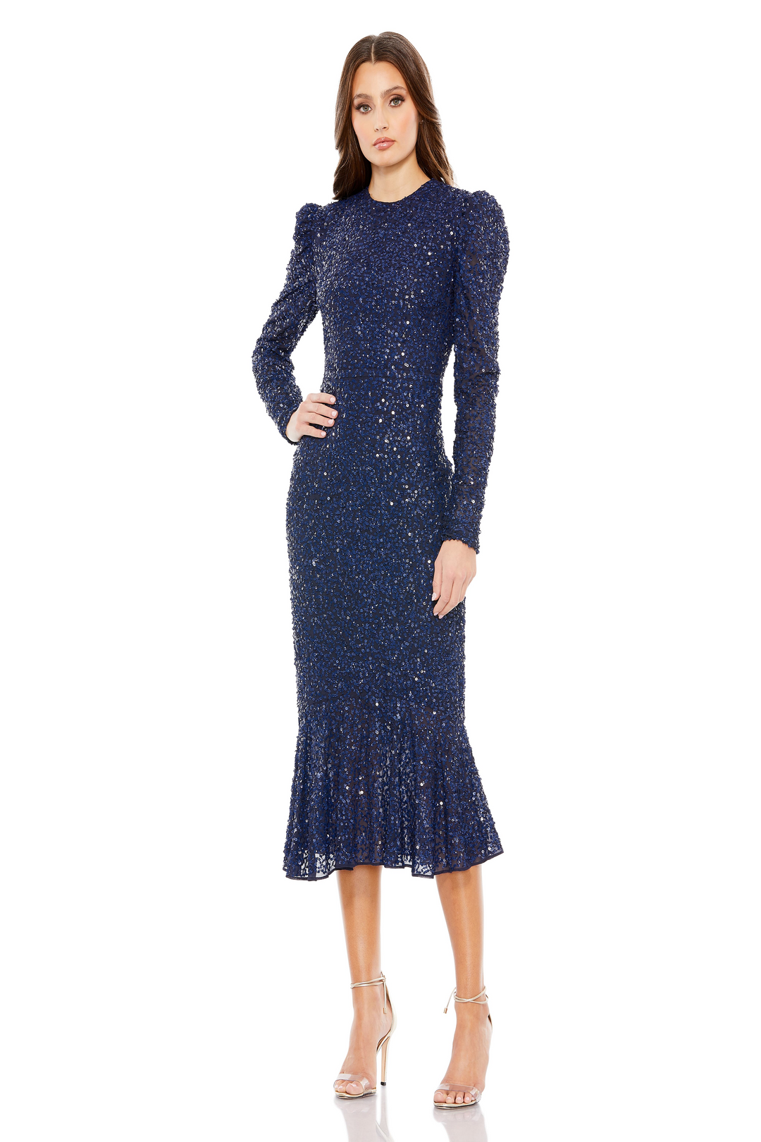 mac duggal sequin cocktail dress Mac Duggal Floral Beaded Mesh Flutter Sleeve Midi Dress, Womens, 16, Antique Rose