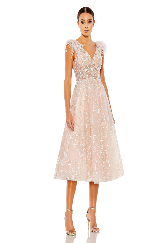 chinese dress ladies Mac Duggal - Brown Beaded Embellished V Neck Cap Sleeve Column Gown main image 1