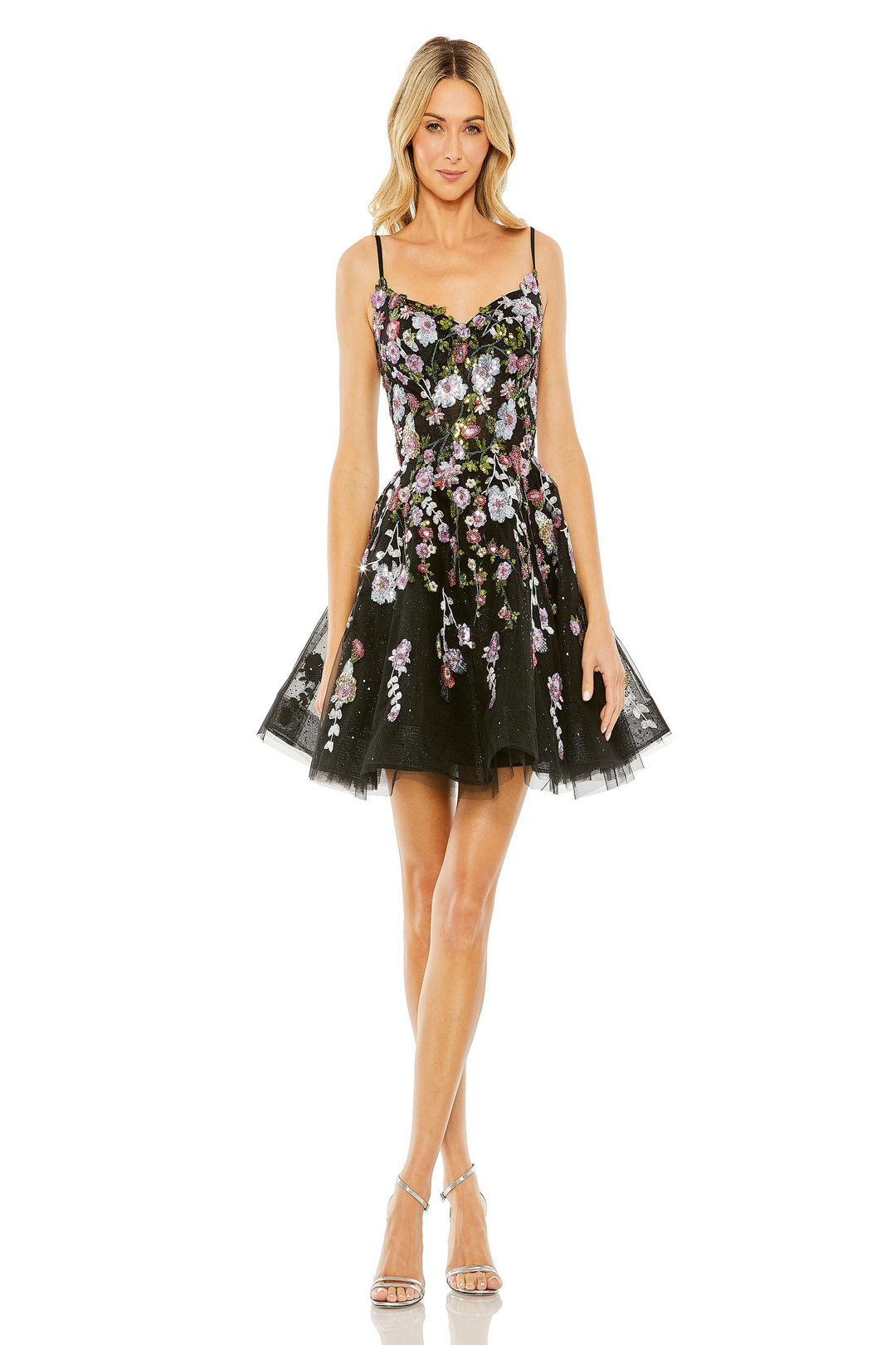 Mac Duggal - Black Thin Strap Floral Embroidered Mini Dress Mac Duggal - Black Thin Strap Floral Embroidered Mini Dress