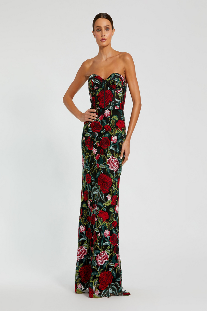 mac duggal strapless asymmetrical maxi dress Sheer Bustier Top Floral Applique Gown