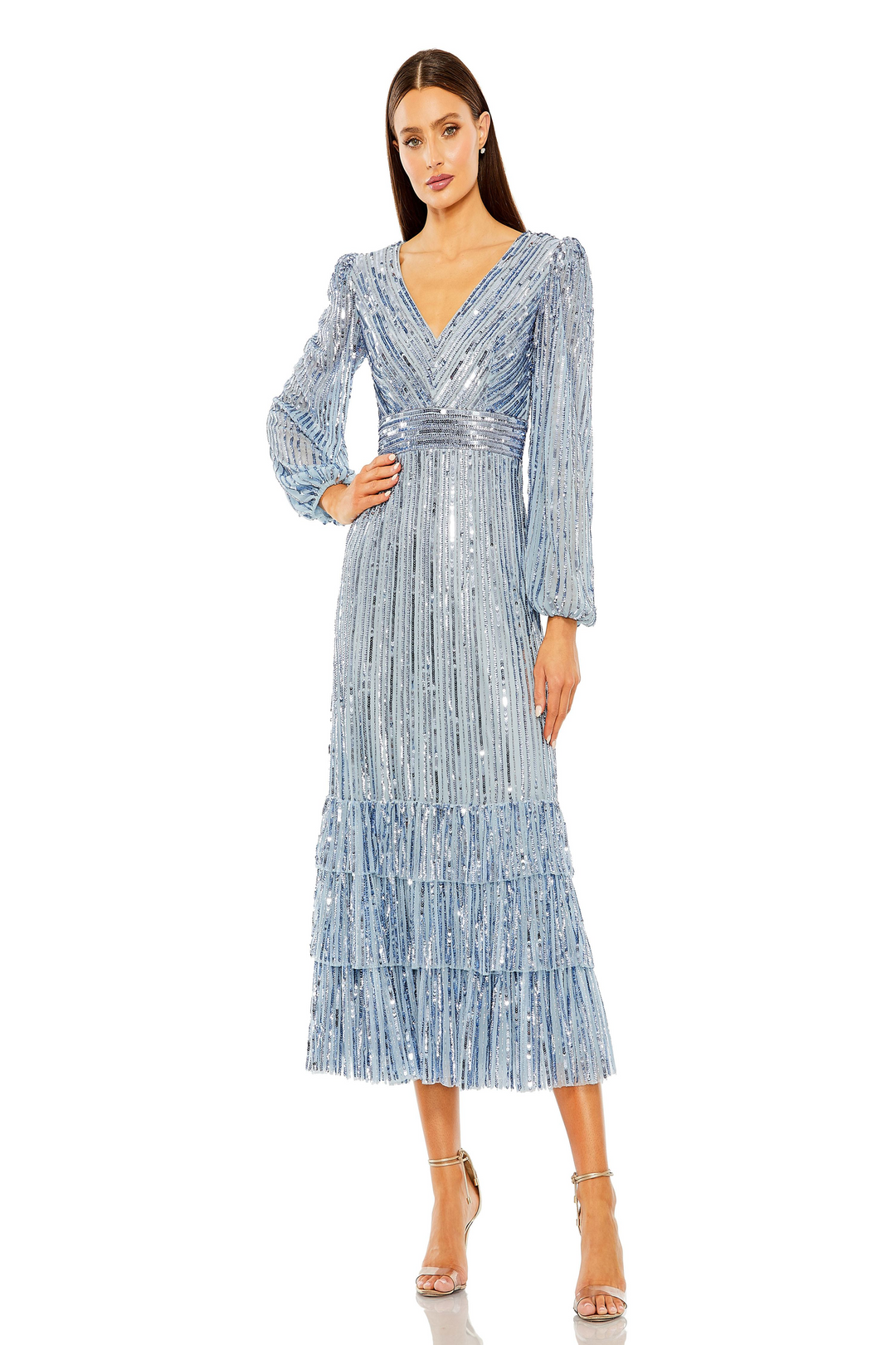 mac duggal sequined midi dress Mac Duggal Sequin Cowl Midi Dress with Velvet Flower