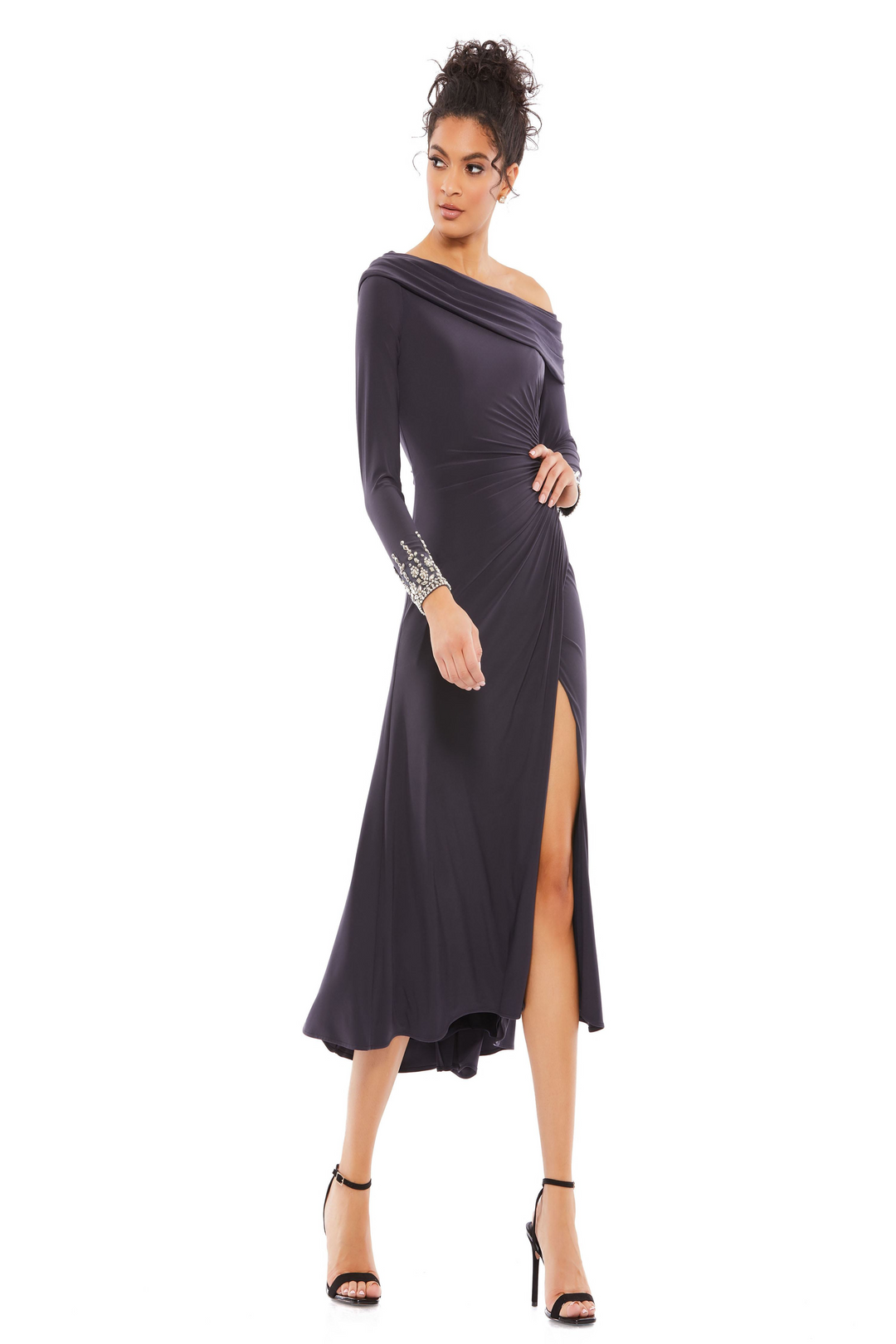 mac duggal embellished off-the-shoulder midi-dress Mac Duggal Pearl Embellished Off-The-Shoulder A-Line Dress - Black