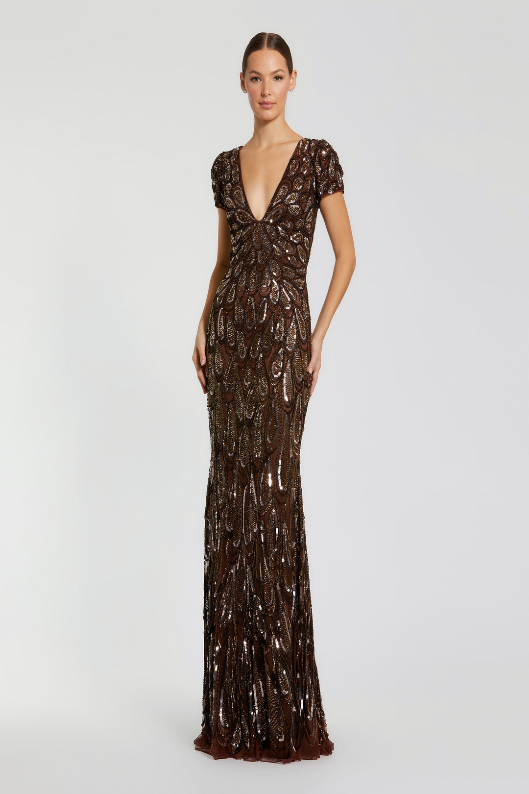 mac duggal brown sequin dress Mac Duggal Disc Embellished Sequin Gown With Feather Detail - Pink