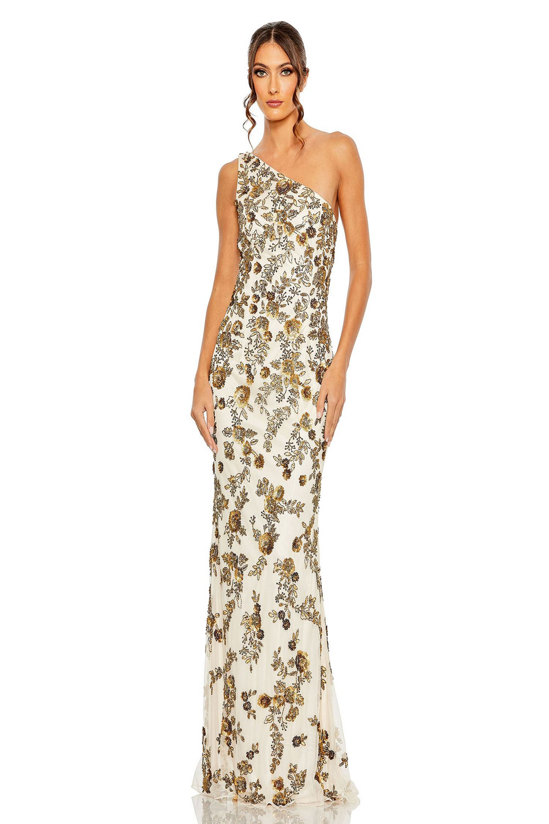 Mac Duggal - White and Gold Floral Beaded One Shoulder Gown - Champagne Gold / US 2 Mac Duggal - White and Gold Floral Beaded One Shoulder Gown - Champagne Gold / US 2