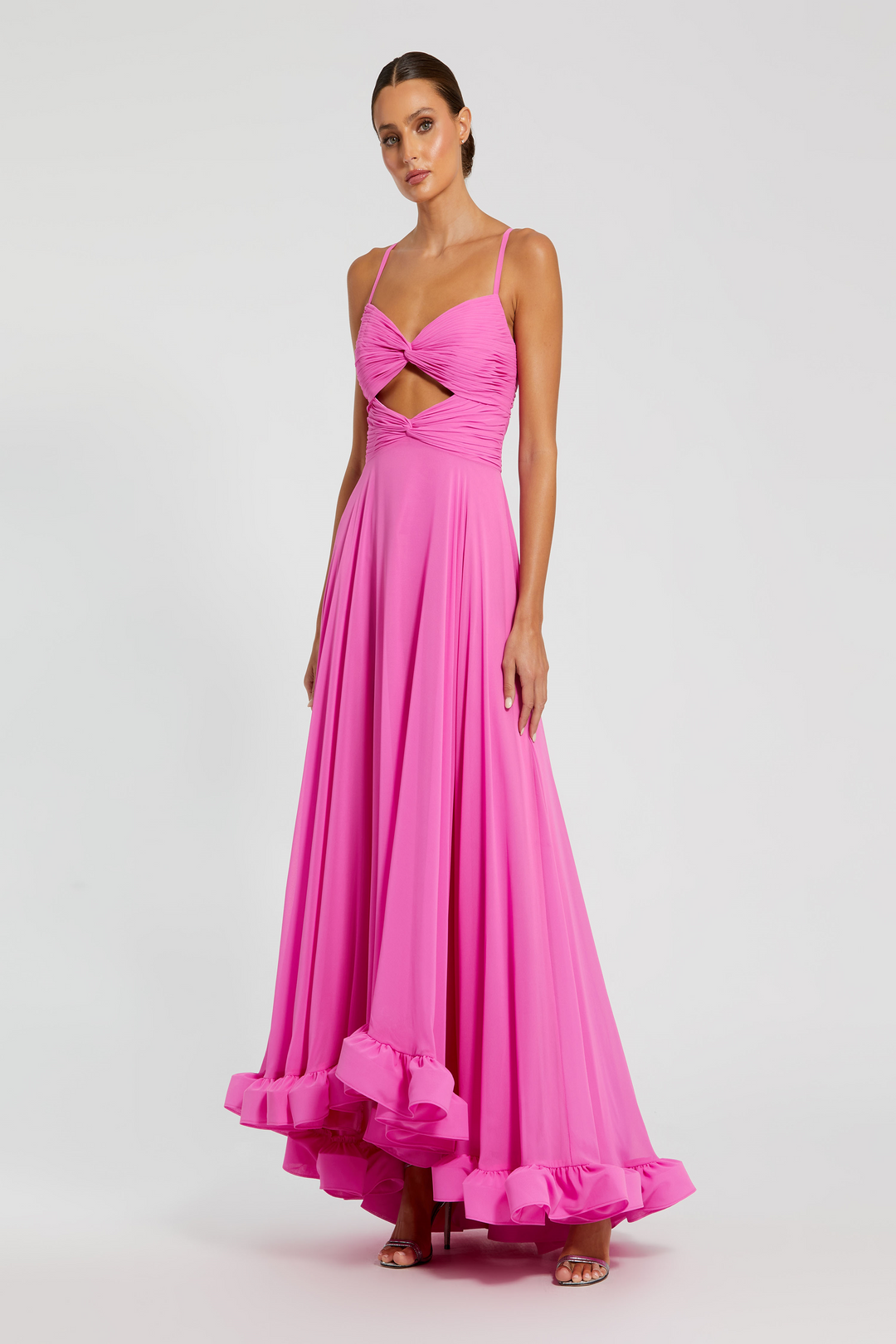 Mac Duggal - Pink Spaghetti Strap Chiffon Sweetheart High Low Gown - Candy Pink / US 0 Mac Duggal - Pink Spaghetti Strap Chiffon Sweetheart High Low Gown - Candy Pink / US 0
