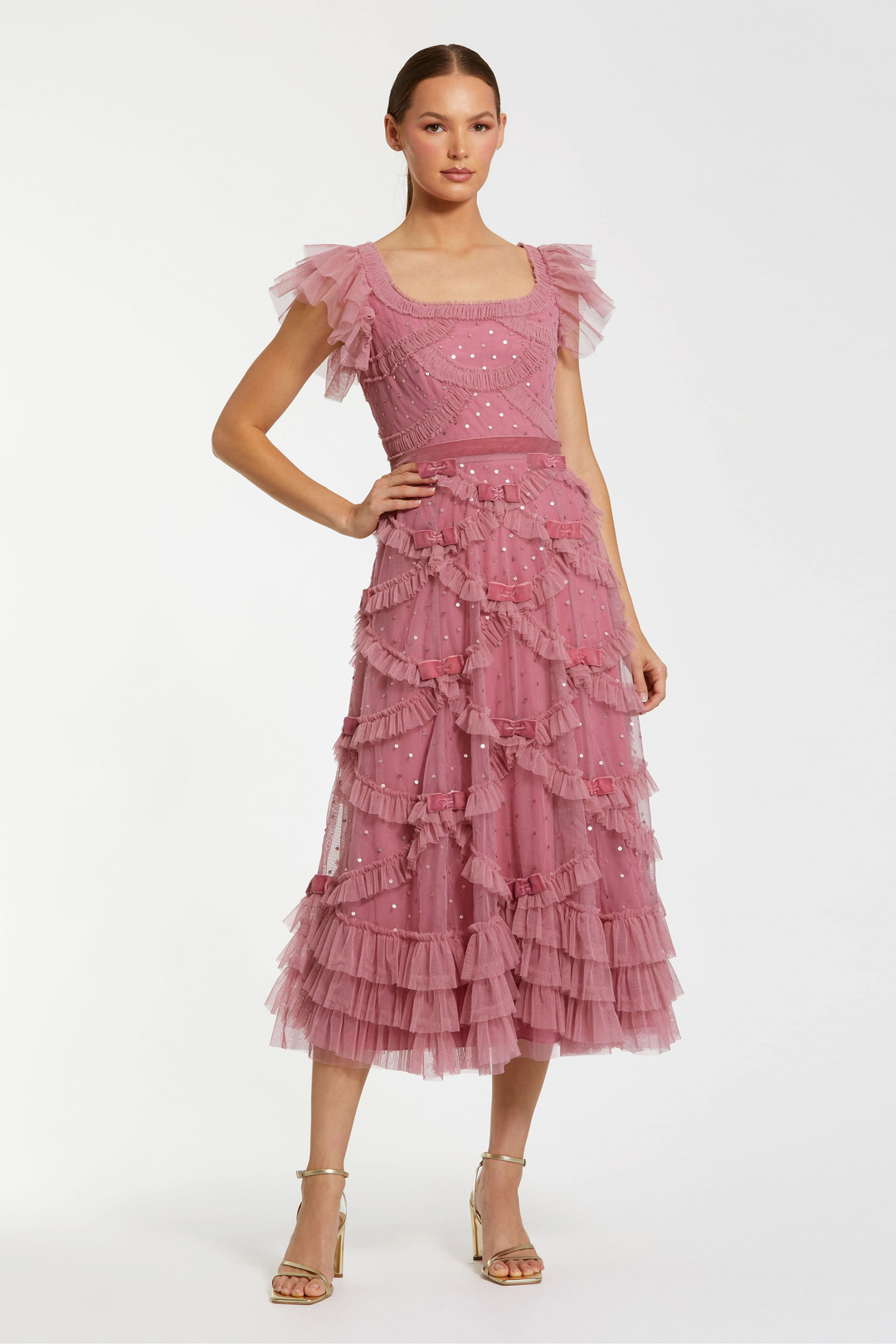 Mac Duggal 8272 Tulle Midi Dress with Ruffle Sleeves Mydressline Mac Duggal 8272 Tulle Midi Dress with Ruffle Sleeves Mydressline