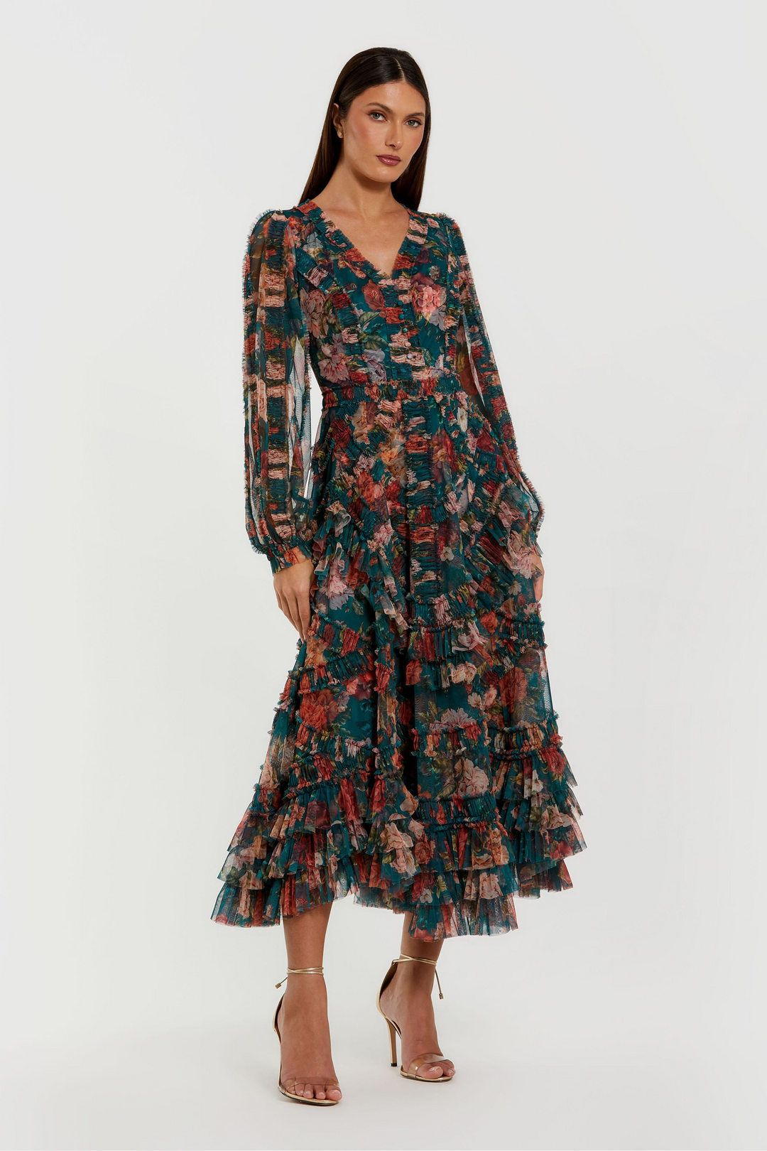Mac Duggal 8348 Midi Dress with Ruffled Tulle Layers – Mydressline Mac Duggal 8348 Midi Dress with Ruffled Tulle Layers – Mydressline