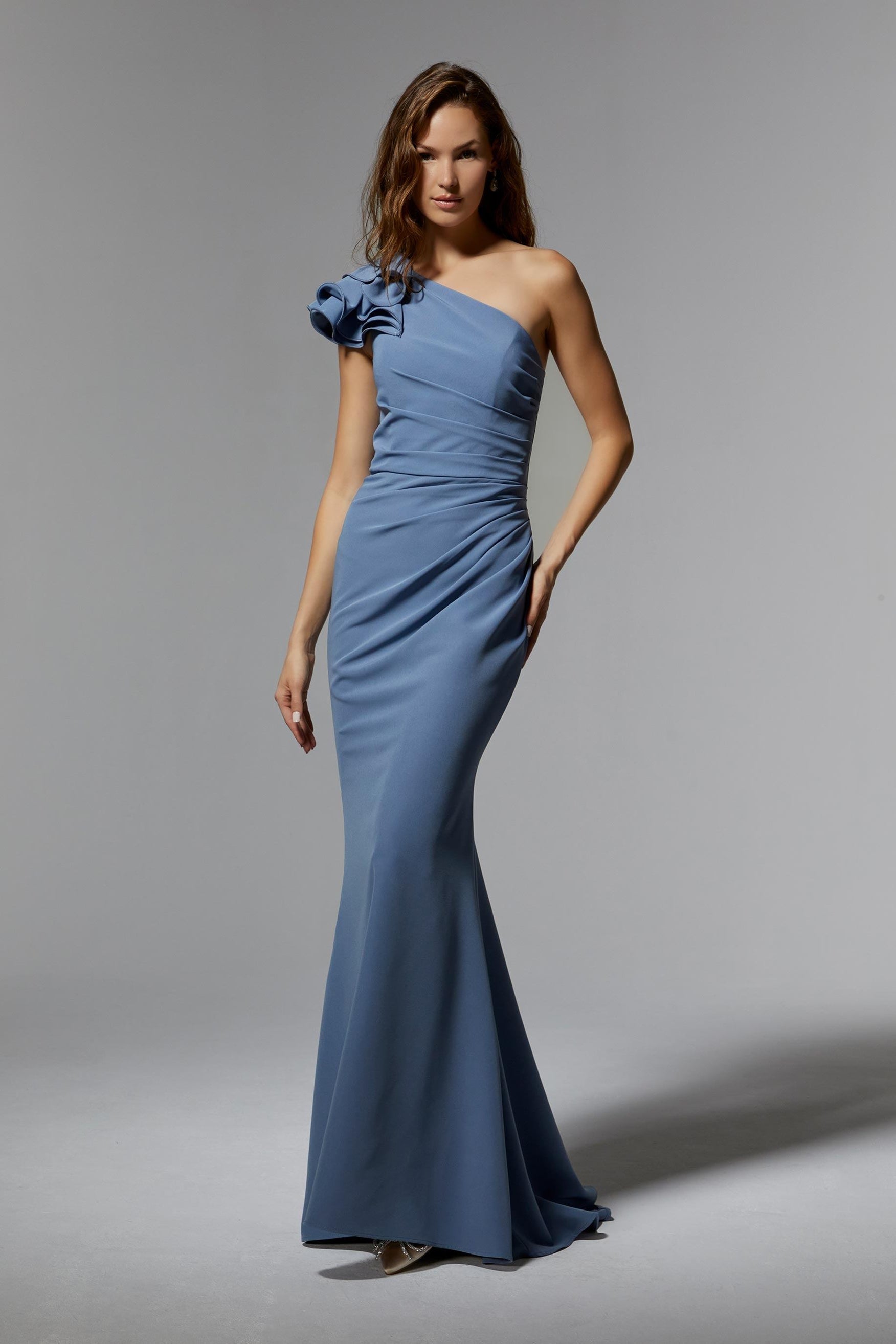Morilee 72235 One-Shoulder Crepe Dress with Ruffle Sleeve