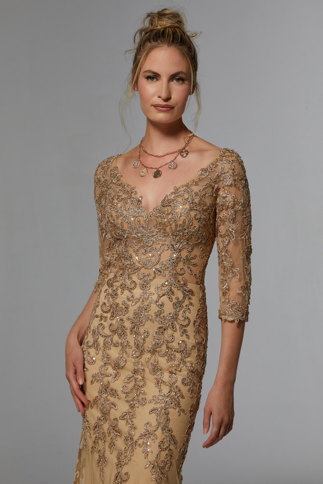 Morilee 72940 Metallic Lace Sheath Evening Gown Mydressline Morilee 72940 Metallic Lace Sheath Evening Gown Mydressline