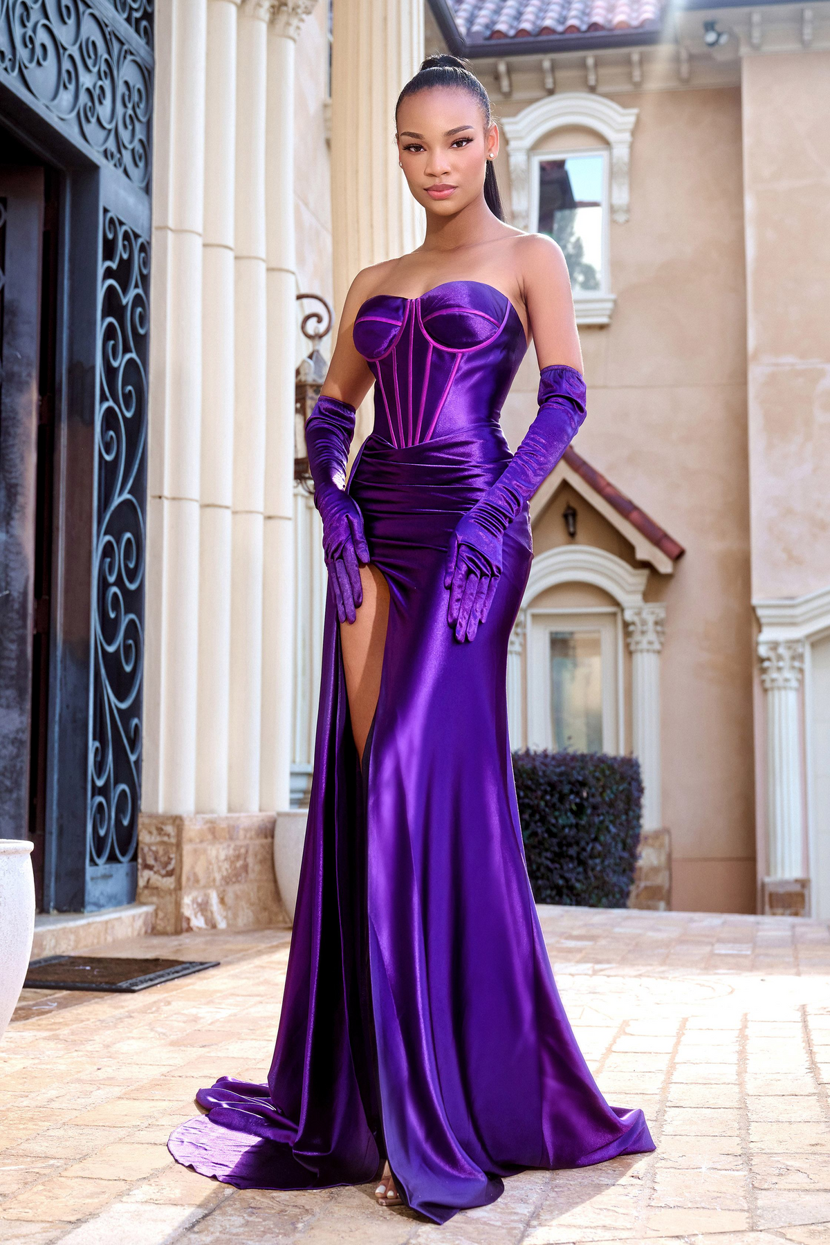 portia and scarlett ps 24402 sharkbite slit strapless corset dress Portia and Scarlett Beaded Corset Prom Dress PS26402C Silver/Gold / 2