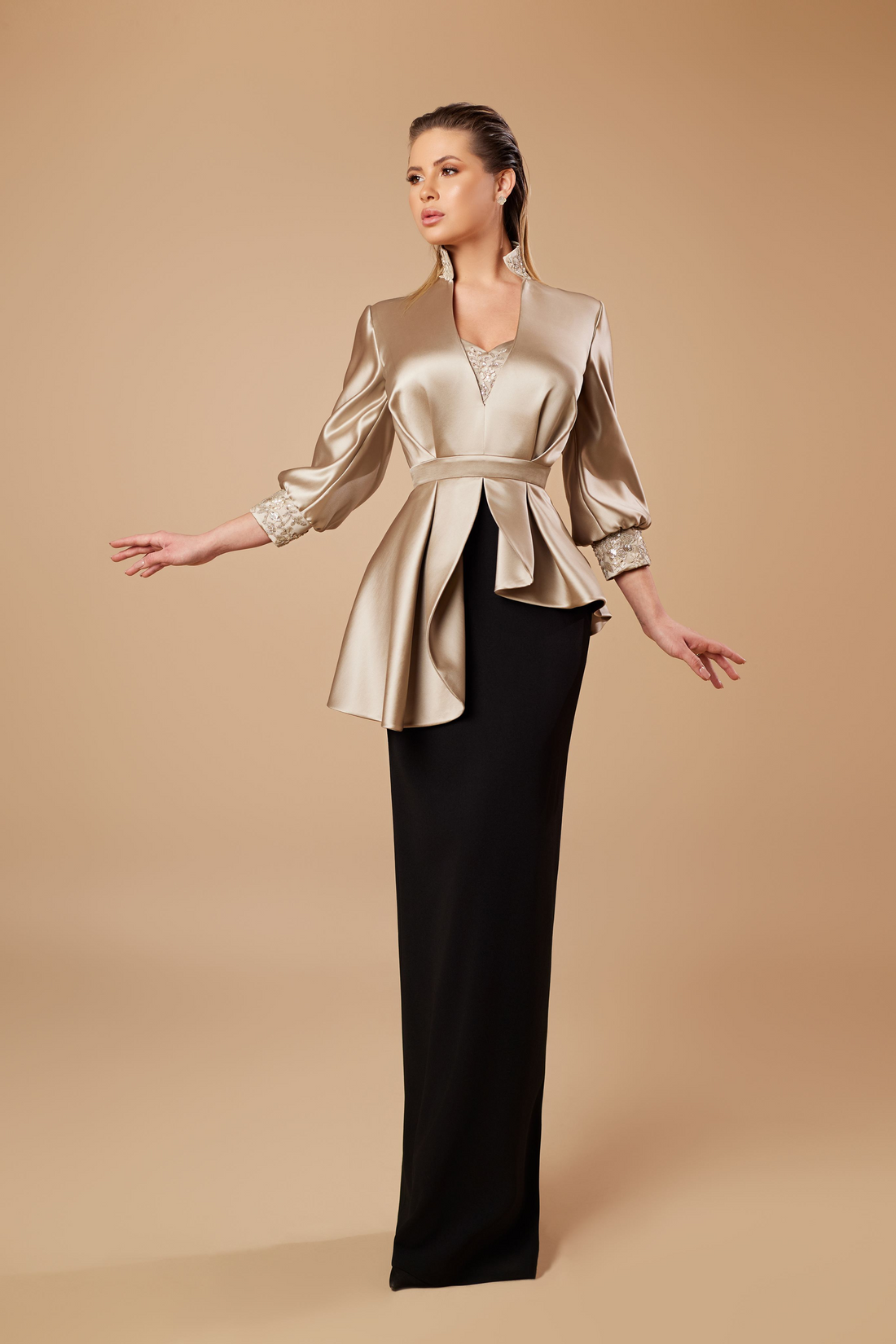 سارة بدر 1028 – 1028 Satin Evening Gown with Beading