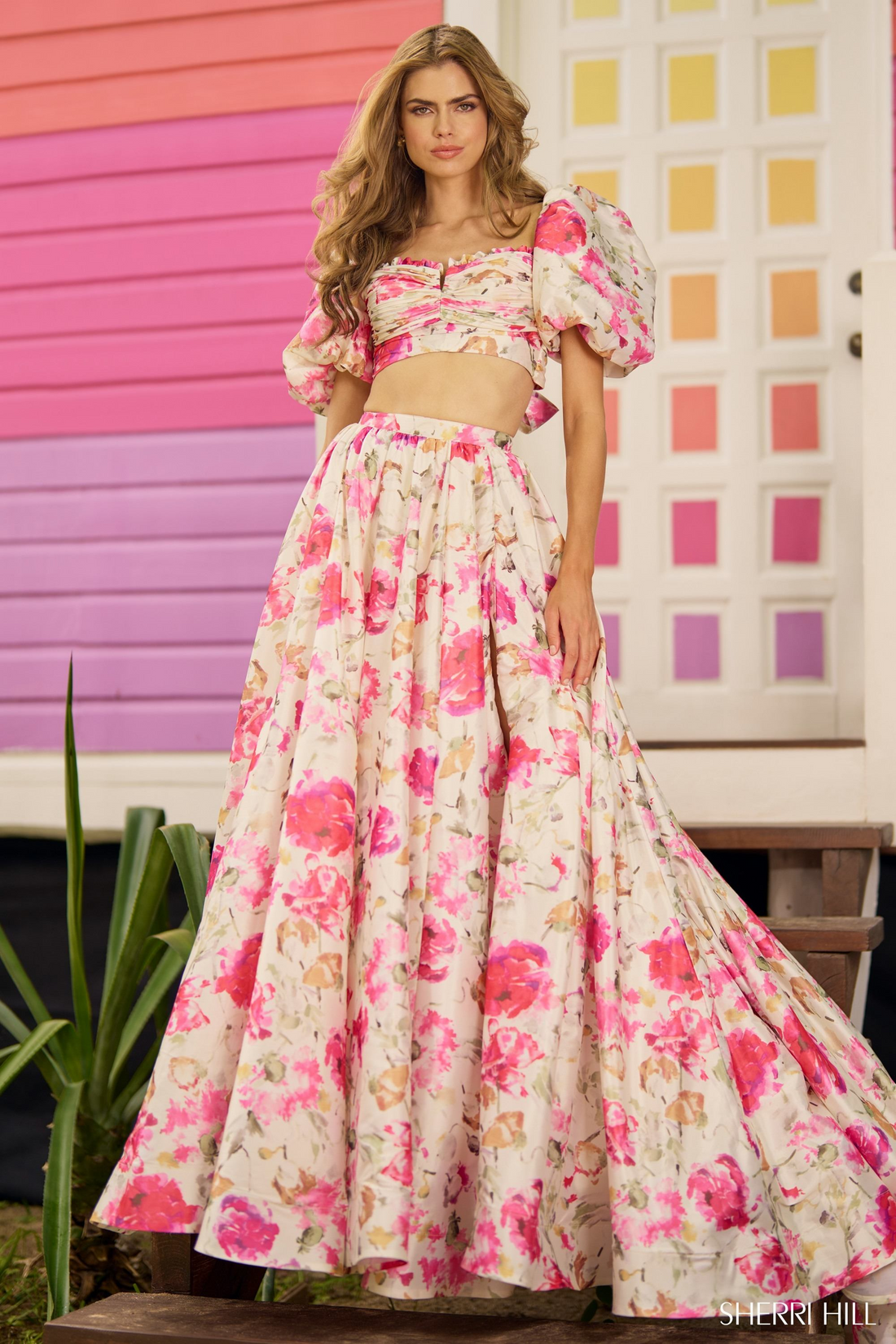 Sherri Hill 56082 – Satin A-Line Gown with Floral Accents
