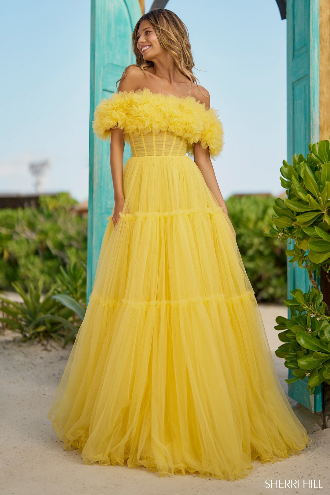 yellow sherri hill dress Sherri Hill 56173 Off-Shoulder Ball Gown Dress – Mydressline