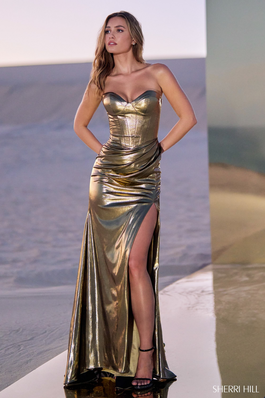 Sherri Hill 56431 Metallic Dress with Slit & Corset Mydressline Sherri Hill 56431 Metallic Dress with Slit & Corset Mydressline