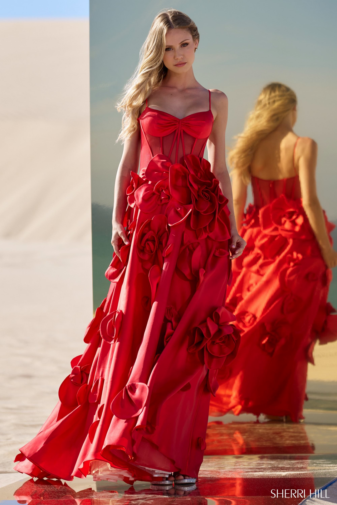 Sherri Hill 56763 Taffeta A-Line Gown with Floral Accents Mydressline Sherri Hill 56763 Taffeta A-Line Gown with Floral Accents Mydressline