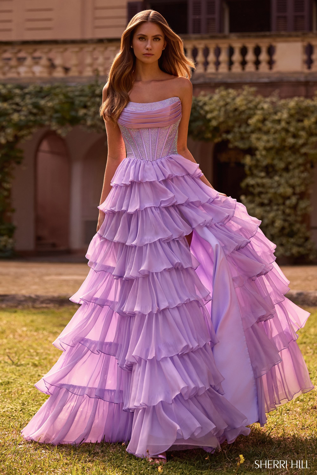 luxurious chiffon dresses Luxury Purple V-Neck Beaded Chiffon Evening Dress with Cape Sleeves SS053