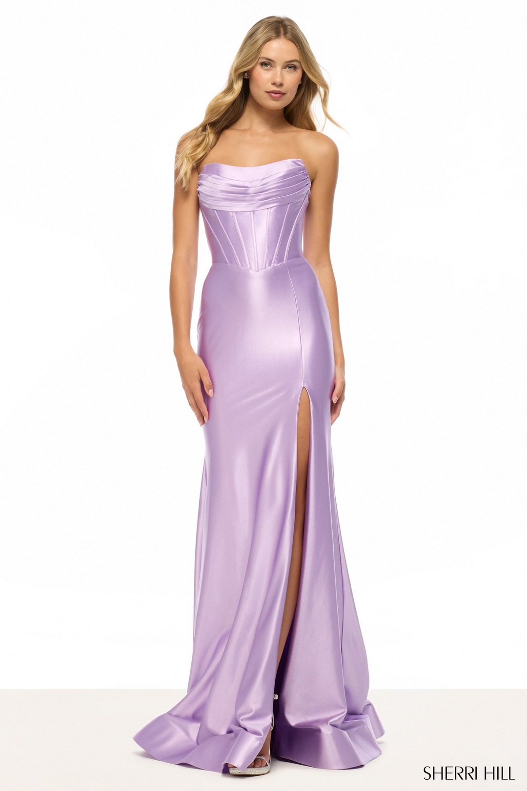 Sherri Hill 57412 Satin Mermaid Gown with Slit Mydressline Sherri Hill 57412 Satin Mermaid Gown with Slit Mydressline