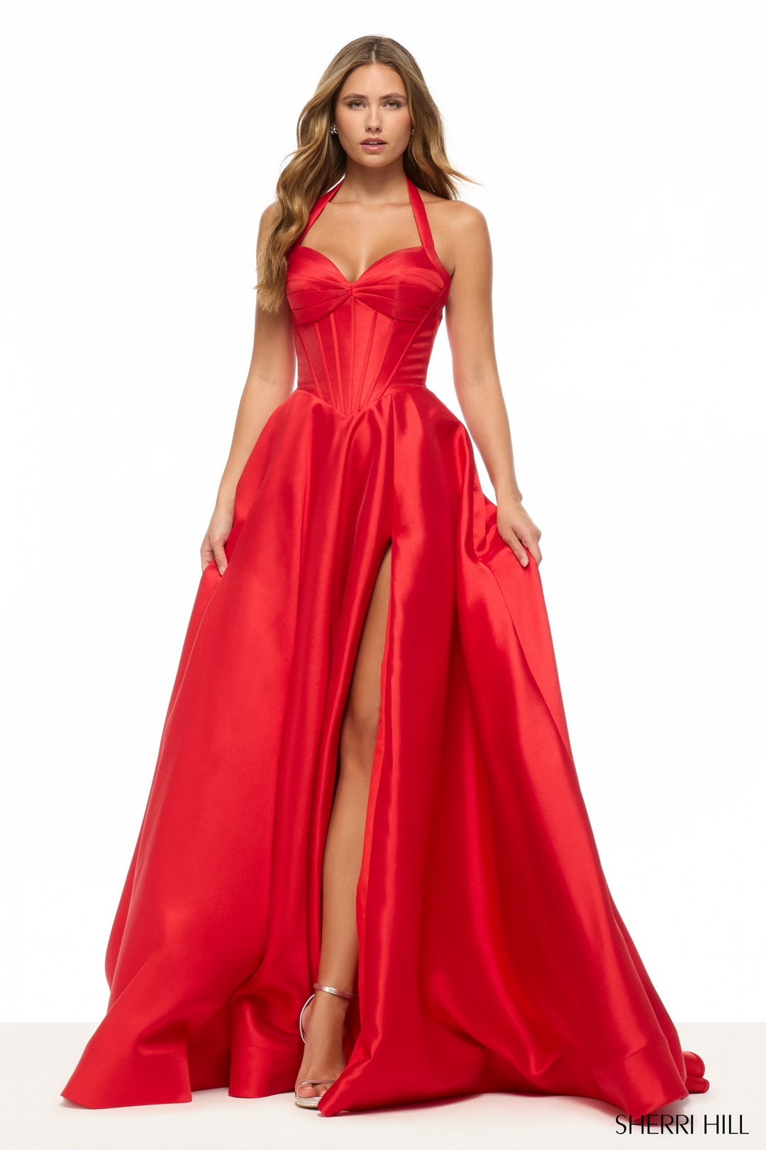 Sherri Hill 57737 Red Satin Prom Gown with Slit – Mydressline Sherri Hill 57737 Red Satin Prom Gown with Slit – Mydressline