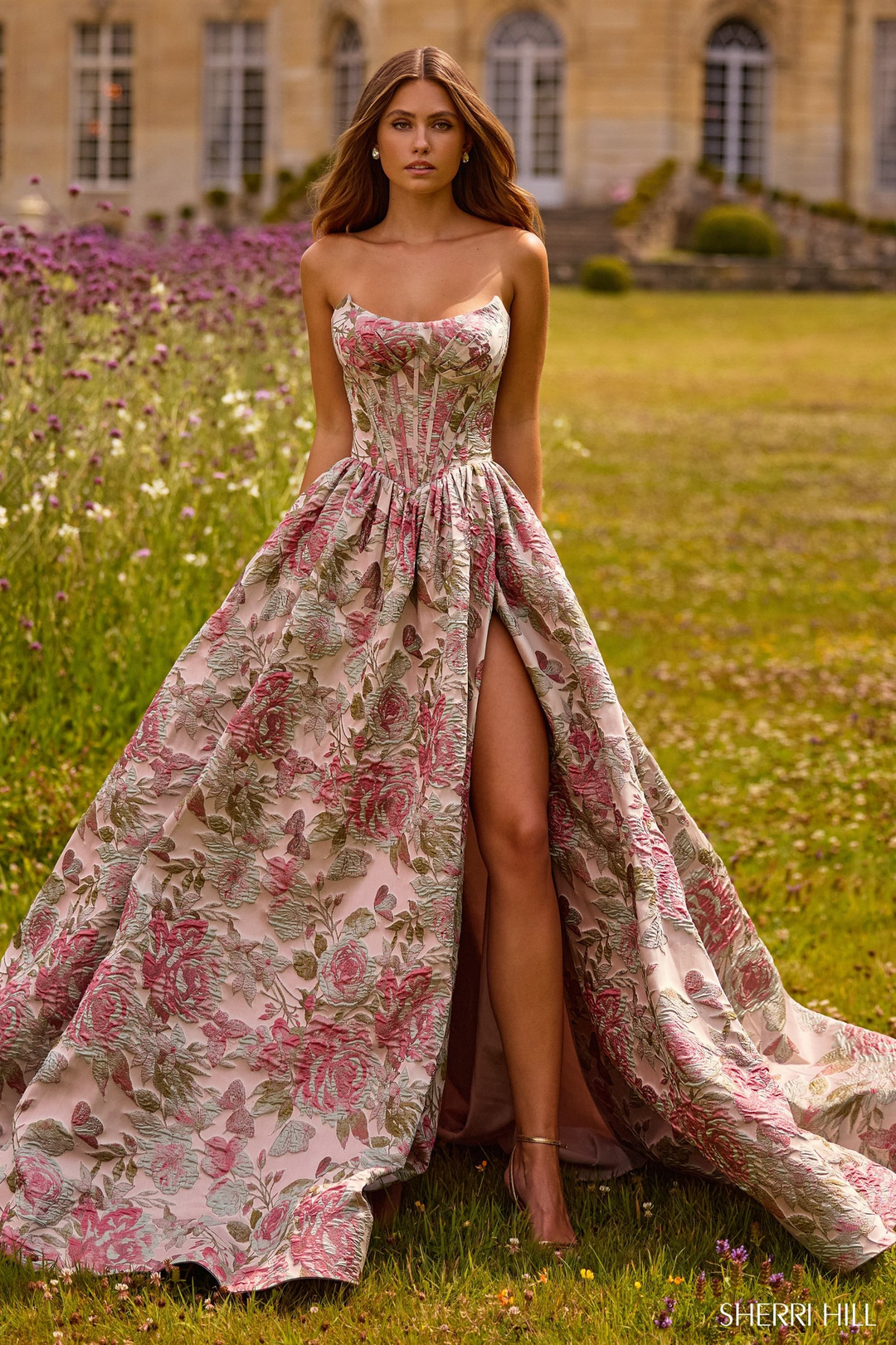 Sherri Hill 57757: Elegant Floral A-Line Gown – Mydressline Sherri Hill 57757: Elegant Floral A-Line Gown – Mydressline