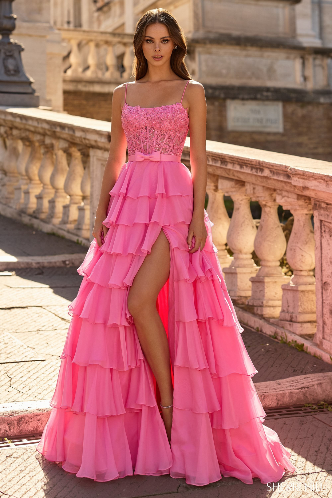Sherri Hill 57922 Pink A-Line Prom Dress with Slit Mydressline Sherri Hill 57922 Pink A-Line Prom Dress with Slit Mydressline