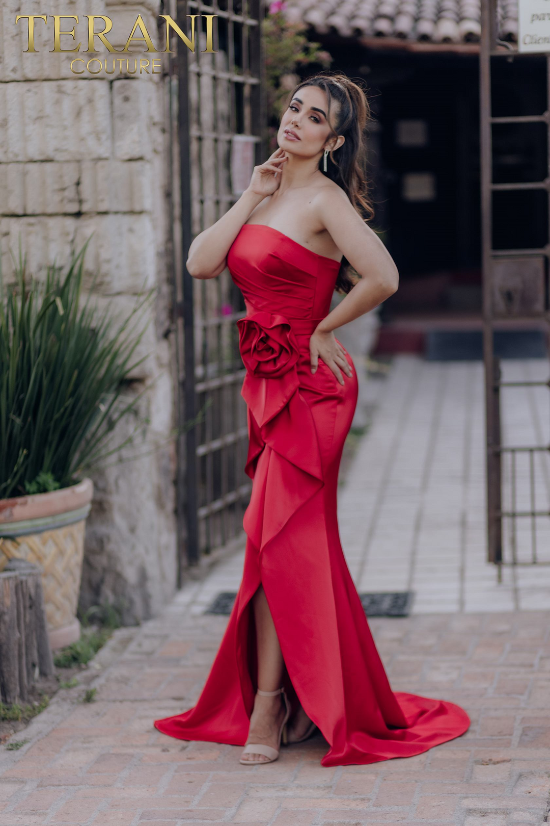 glamour by terani couture red dress Terani Couture 261P6261 - Long Mikado + Lace Sheath/A-Line Dress