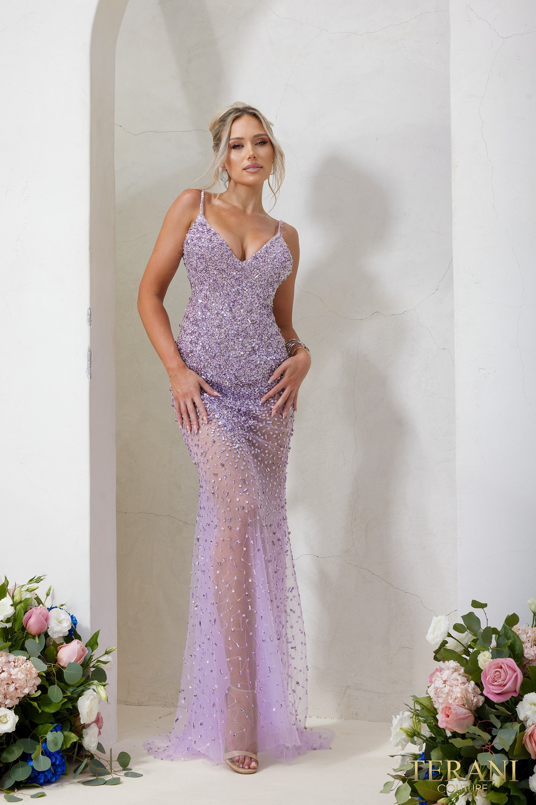 purple column dress Beaded Lace Pastel Column Dress by Cinderella Divine CD981