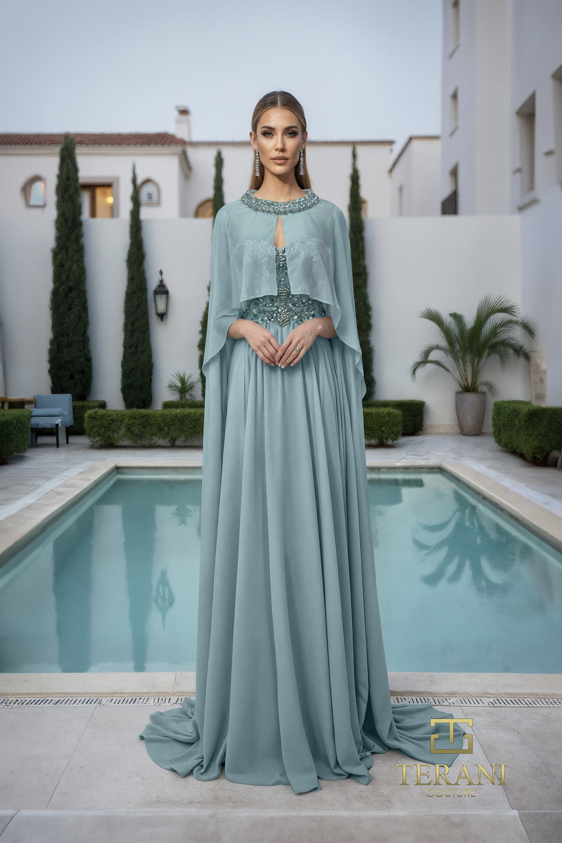 Terani Couture 261M6402 – Sophisticated A-Line Gown with Chiffon Cape