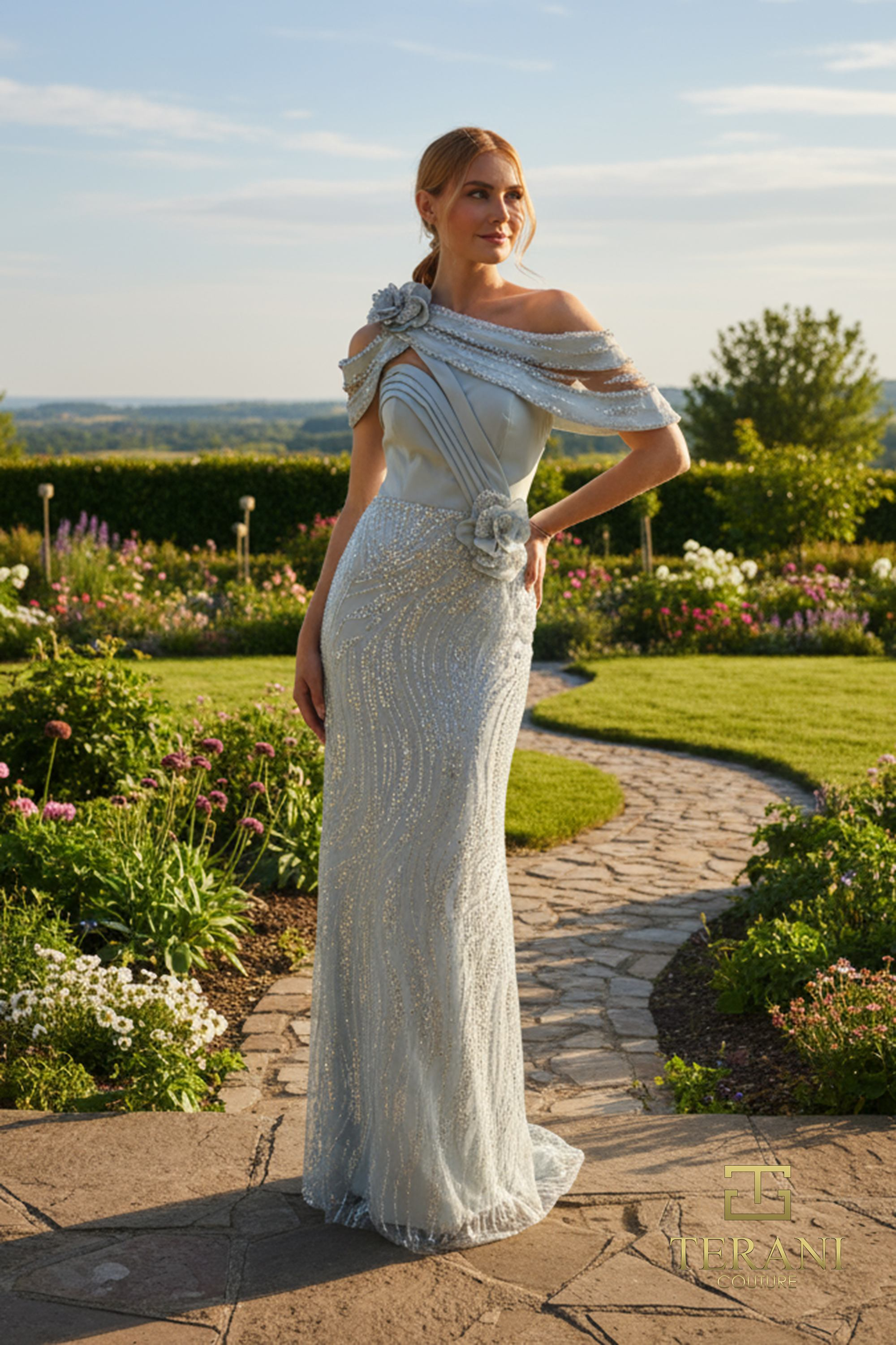 261M6427 Sheath Gown with Off-Shoulder Detail – Mydressline
