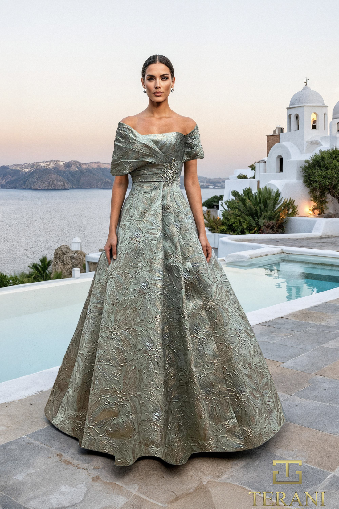 Terani Couture 261M6453 – Off-the-Shoulder Jacquard Ballgown