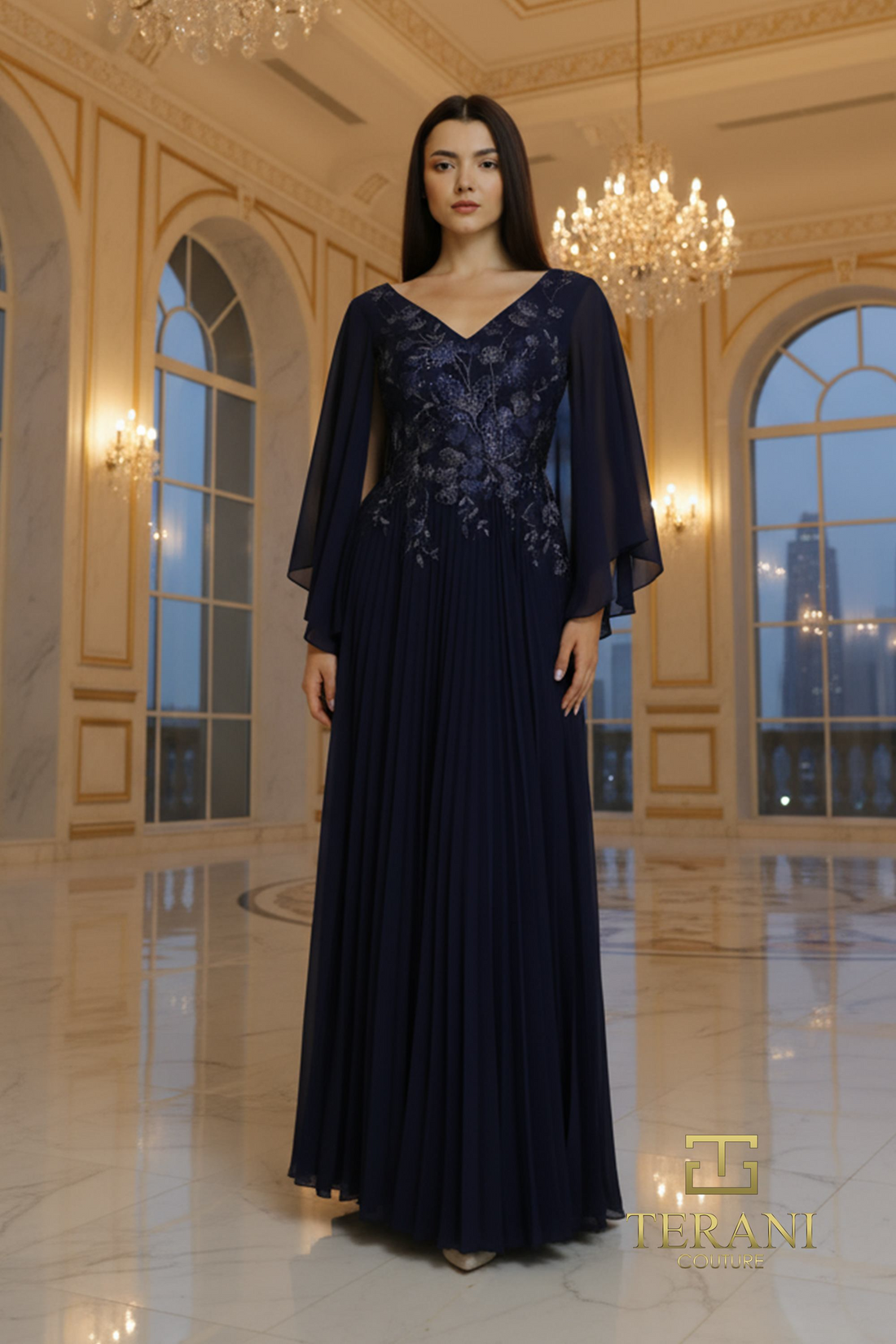 Terani Couture 261M6681 – Soft A-Line Gown in Navy & Mocha Hues