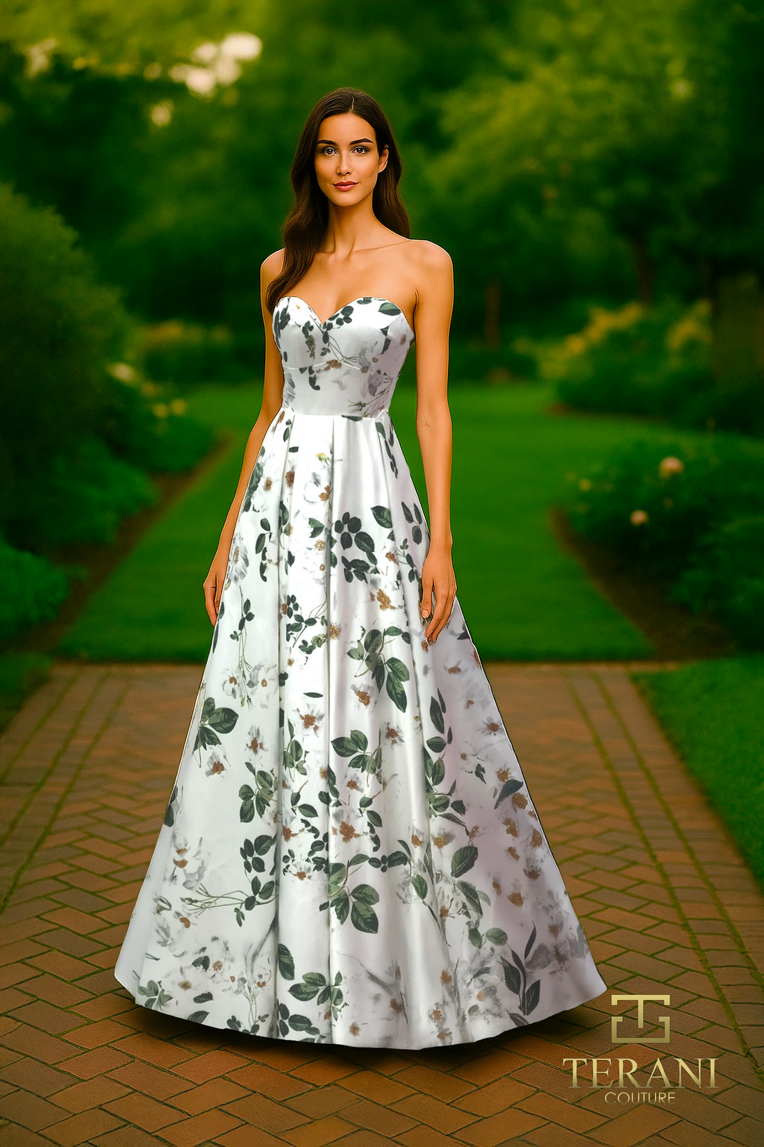 Terani Couture 261P6705 – A-Line Gown in Green Multi Floral
