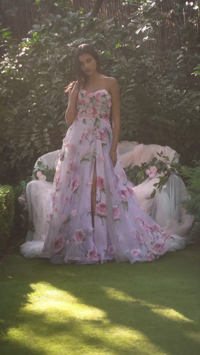 Andrea Leo long floral print strapless dress with A-line skirt A1035