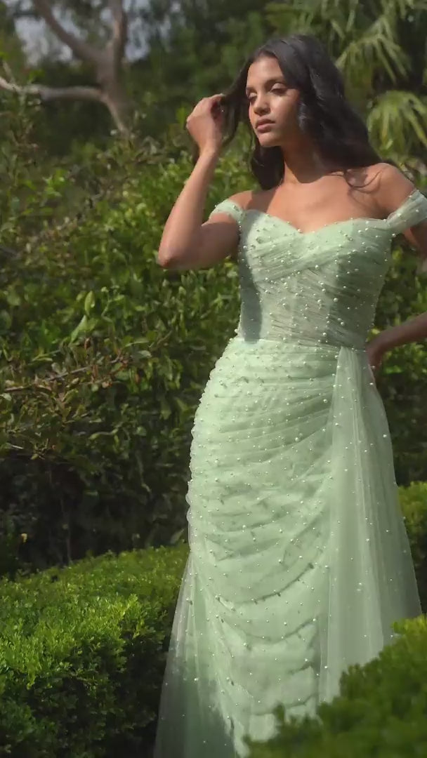 Andrea and Leo A1219 Pearl Pleated Tulle Gown with Cape  Mydressline