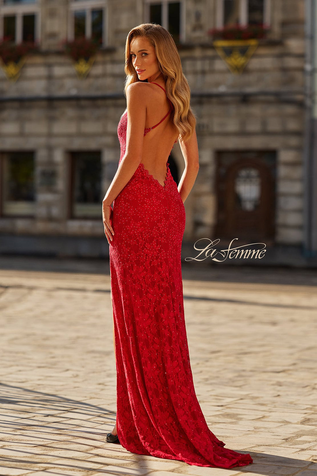 la femme red sequin dress La Femme 29063 Sequin Cutout Back Plus Size Dress