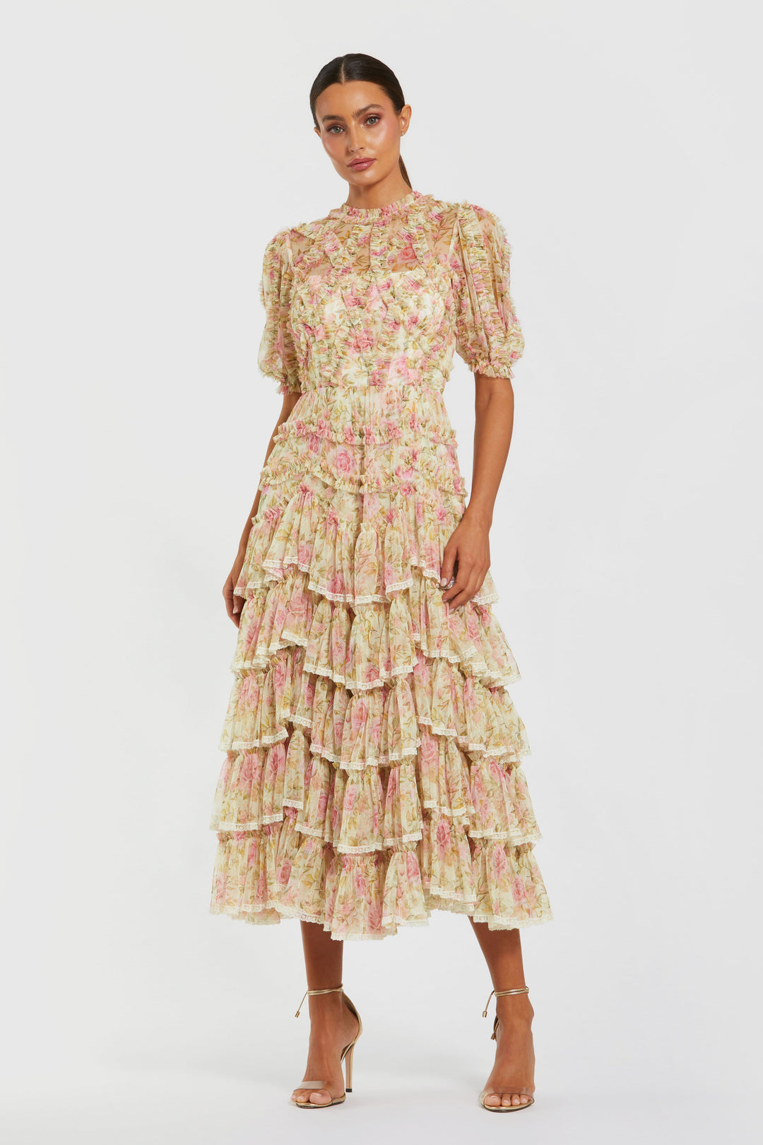 mac duggal floral chiffon dress Pink Strapless Floral Chiffon Gown with Ruched Detail