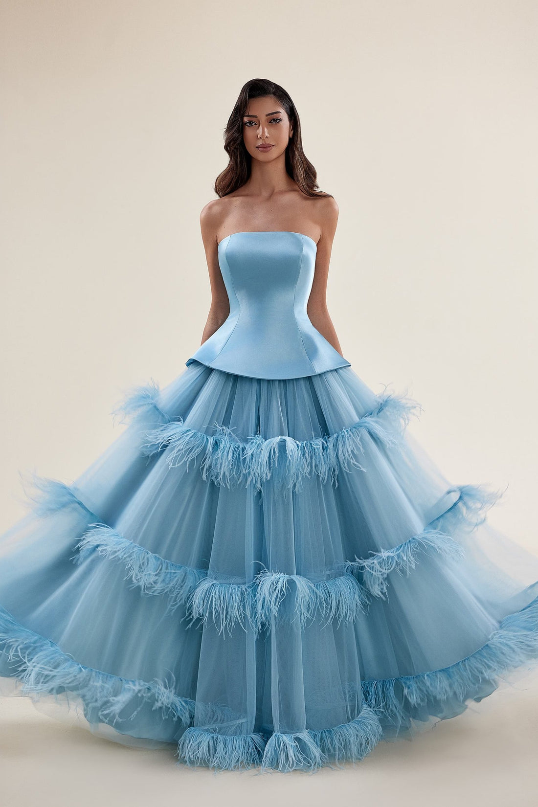 Sara Badr 27786 – Strapless Ball Gown with Feathers