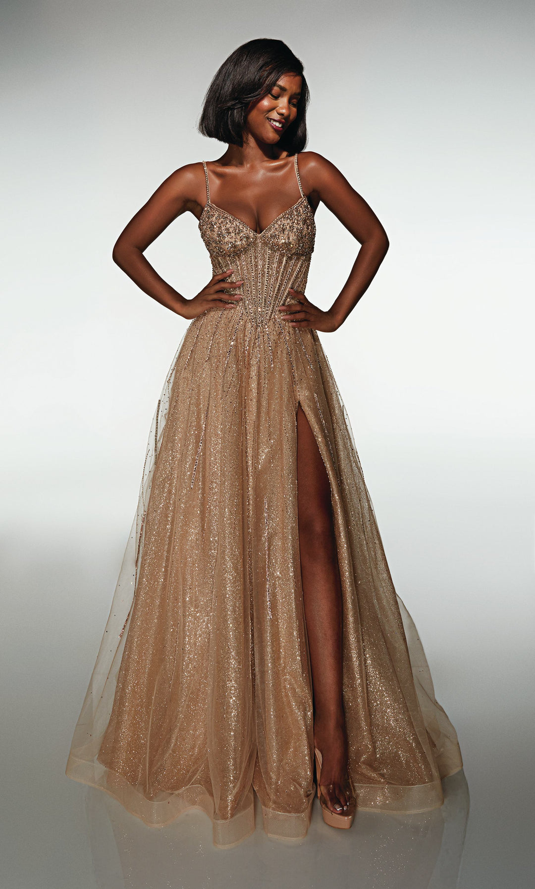 slim fit dress slacks Golden Gown Crafted with Shiny Lace and Gold Mirrors – Qëndresa main image 1