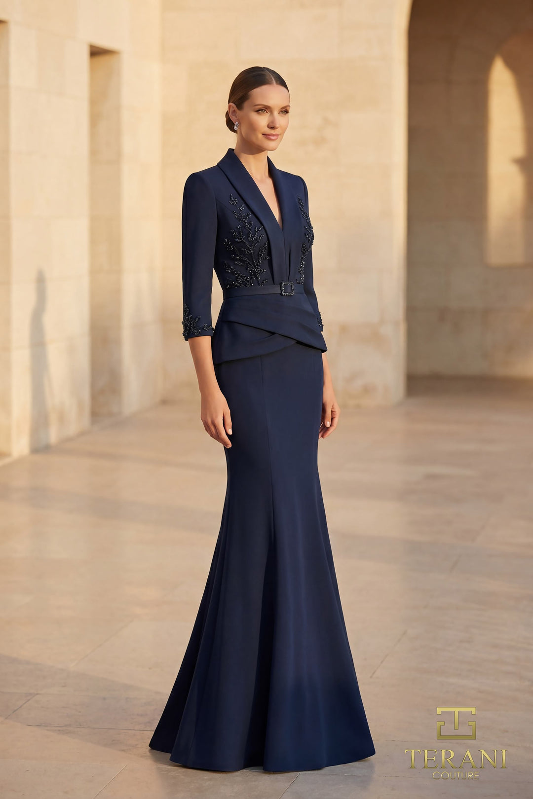 terani couture long sleeve dress 251M4446 Assyemtric Sheath Long Full Sleeves Dress
