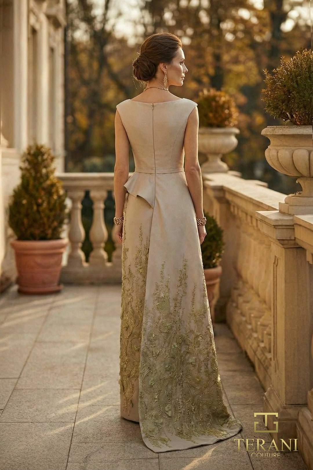 terani couture gowns & formal dresses on sale Terani Couture 252E5129 Stretch Satin Bishop Sleeves Dress