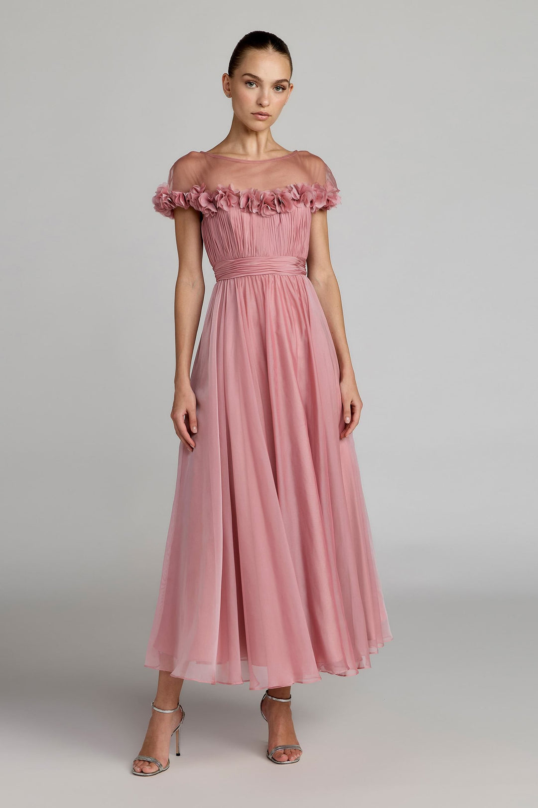 mac duggal pink floral dress Pink Floral High Neck Cap Sleeve Ruffle Mini Dress