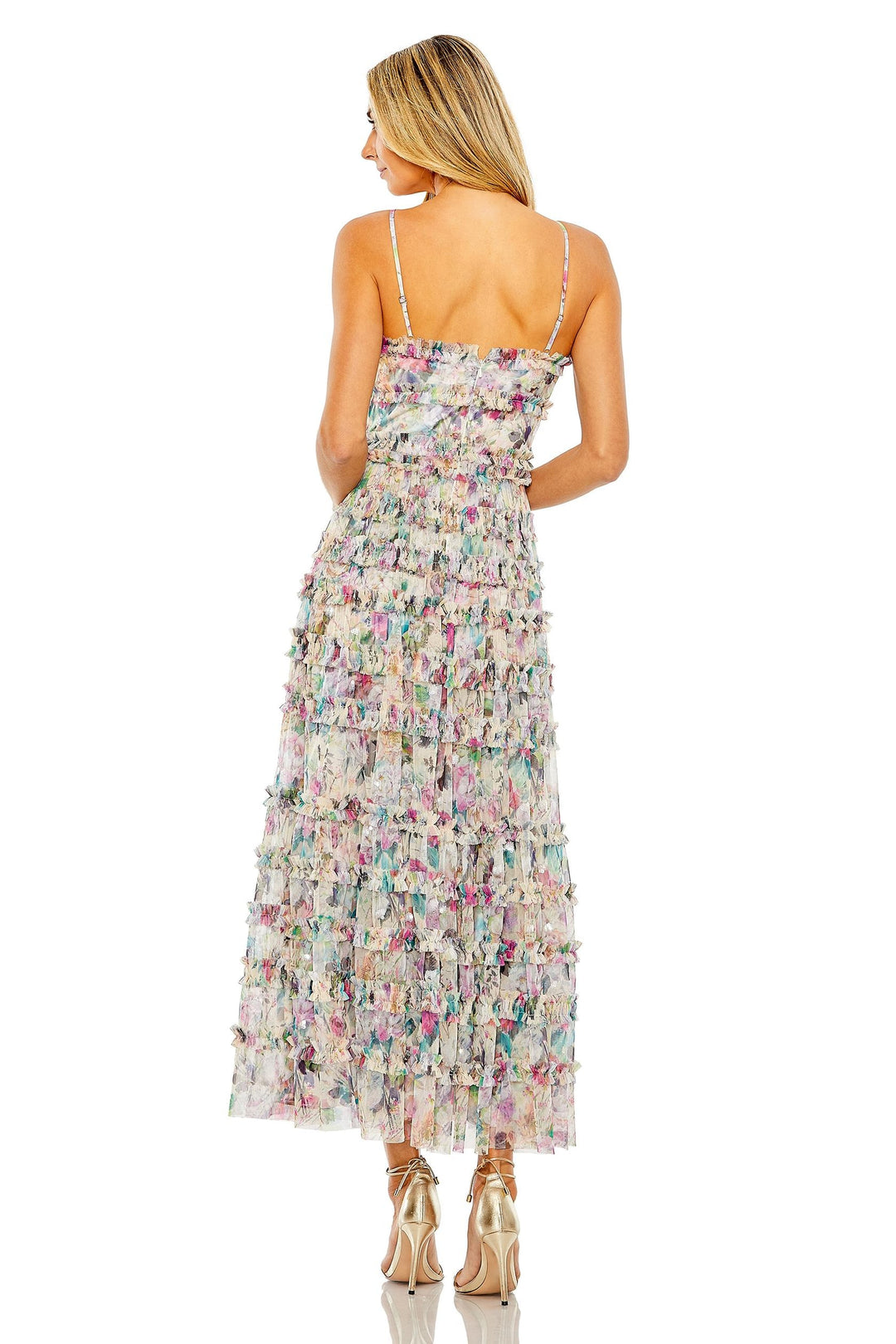 mac duggal floral-strap tiered ruffled pleated satin maxi dress Multicolor Floral V-Neck Ruffle Maxi Dress
