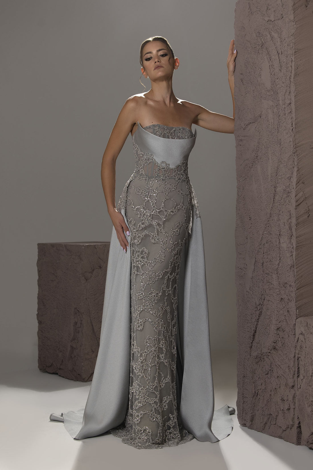 Reverie Couture SS327 – Mermaid Satin & Beaded Gown with Train - Reverie