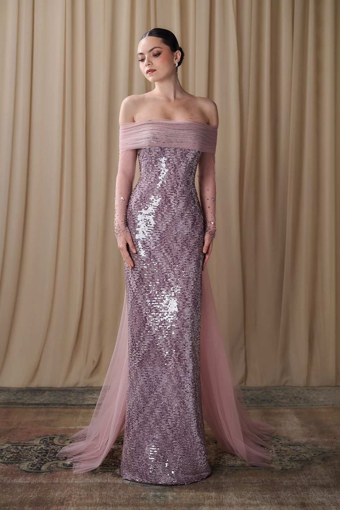 Gatti Nolli OP-8100 – Off-Shoulder Sequin Column Gown