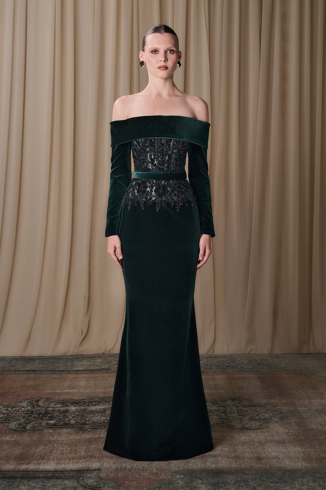 Gatti Nolli OP-8104 – Velvet Off-Shoulder Sheath Gown with Beaded Lace