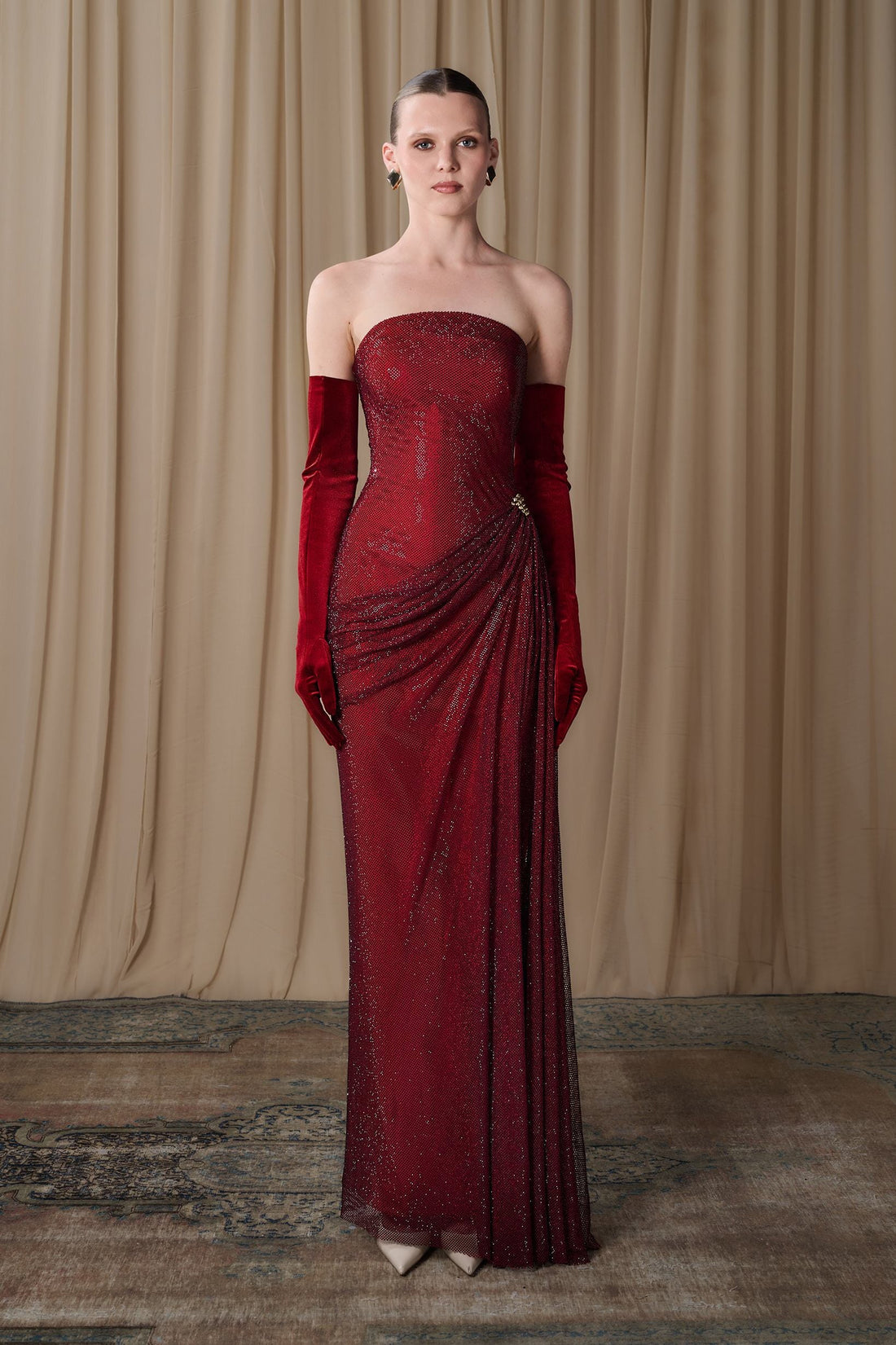 Gatti Nolli OP-8115 – Strapless Velvet Column Gown with Beaded Draping